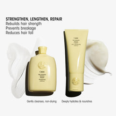 Oribe Hair Alchemy shampoo pump detail highlighting gentle cleansing benefit