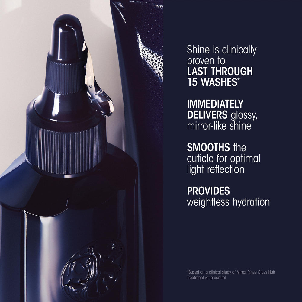 Oribe Mirror Rinse before and after glossy result showing enhanced shine