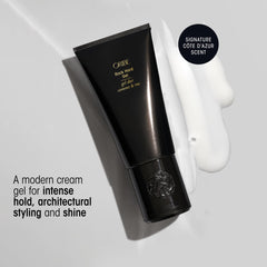 Close-up of Oribe label highlighting product name and premium quality