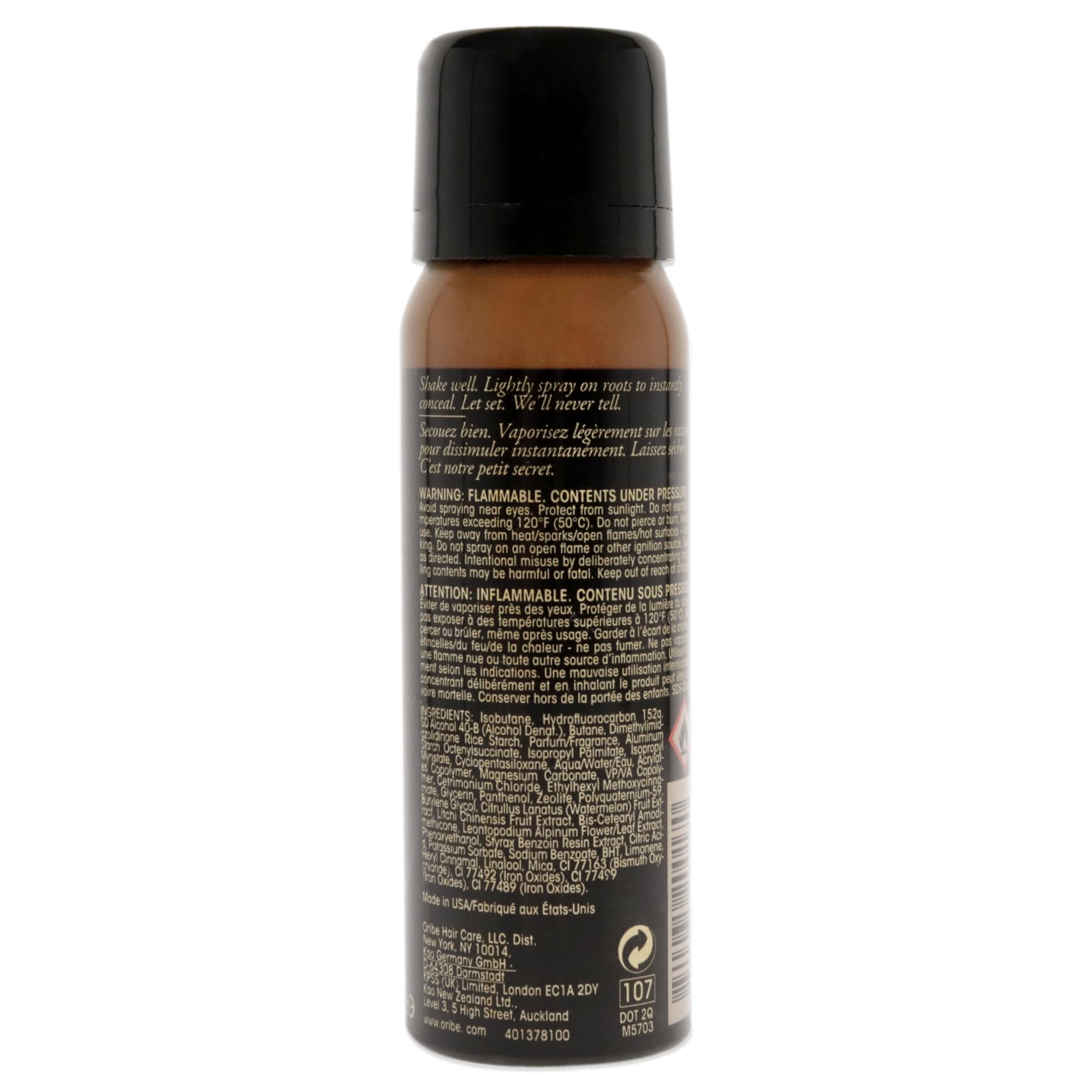 Oribe Root Touch-Up Spray applied on hair part to instantly conceal roots and reduce oil appearance