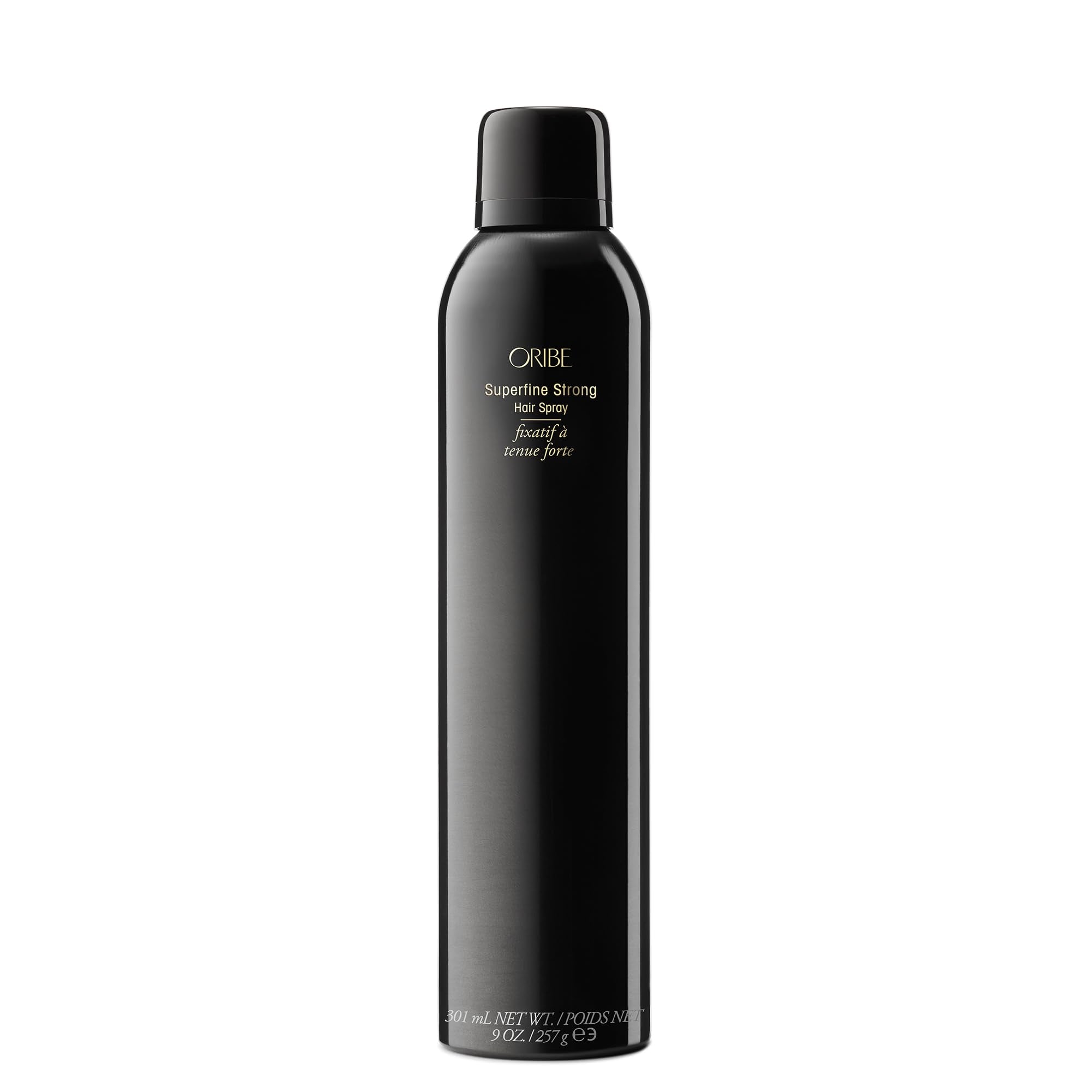 ORIBE front packaging shot showing strong-hold hairspray and glossy finish benefit