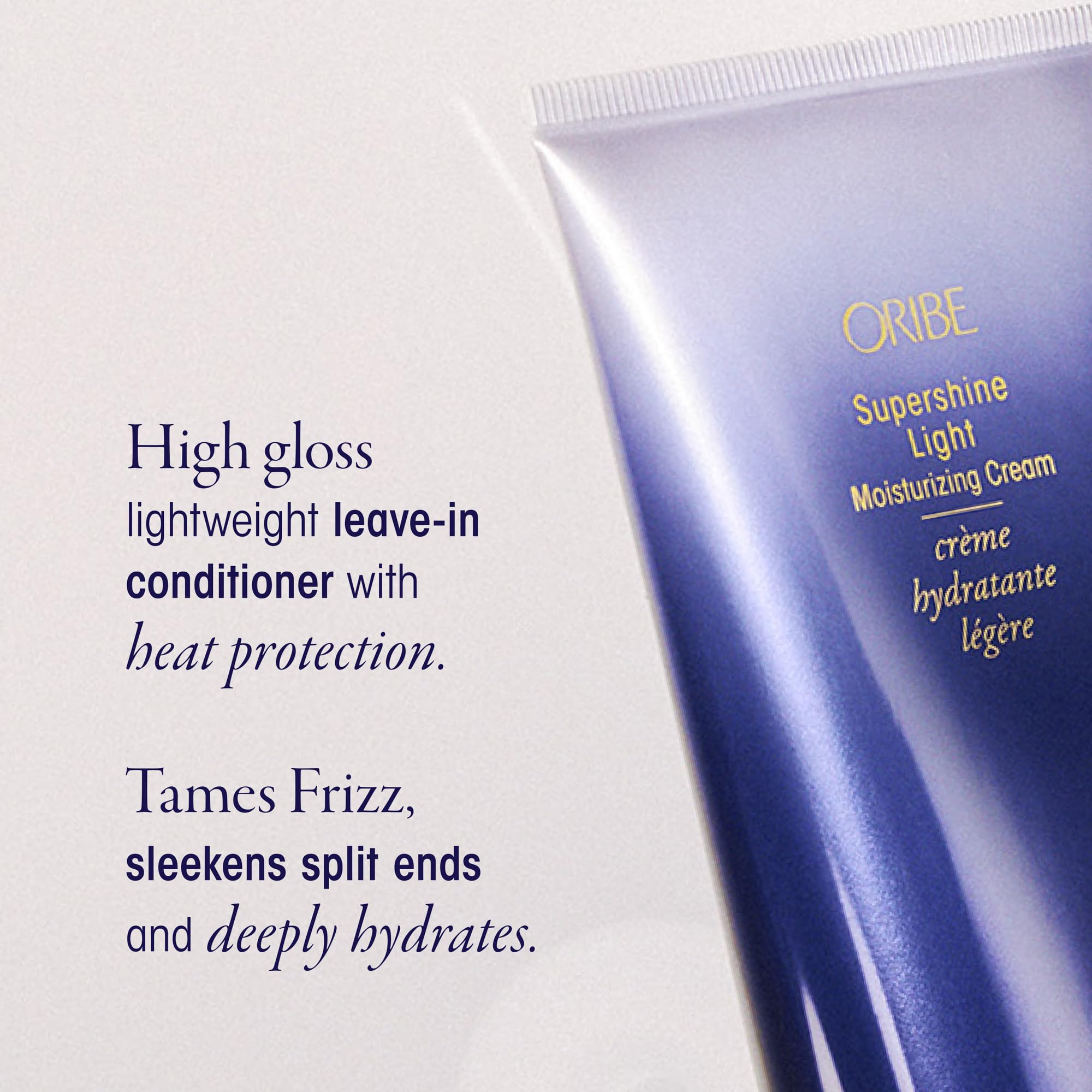 Oribe label close-up highlighting product name and benefits for clarity