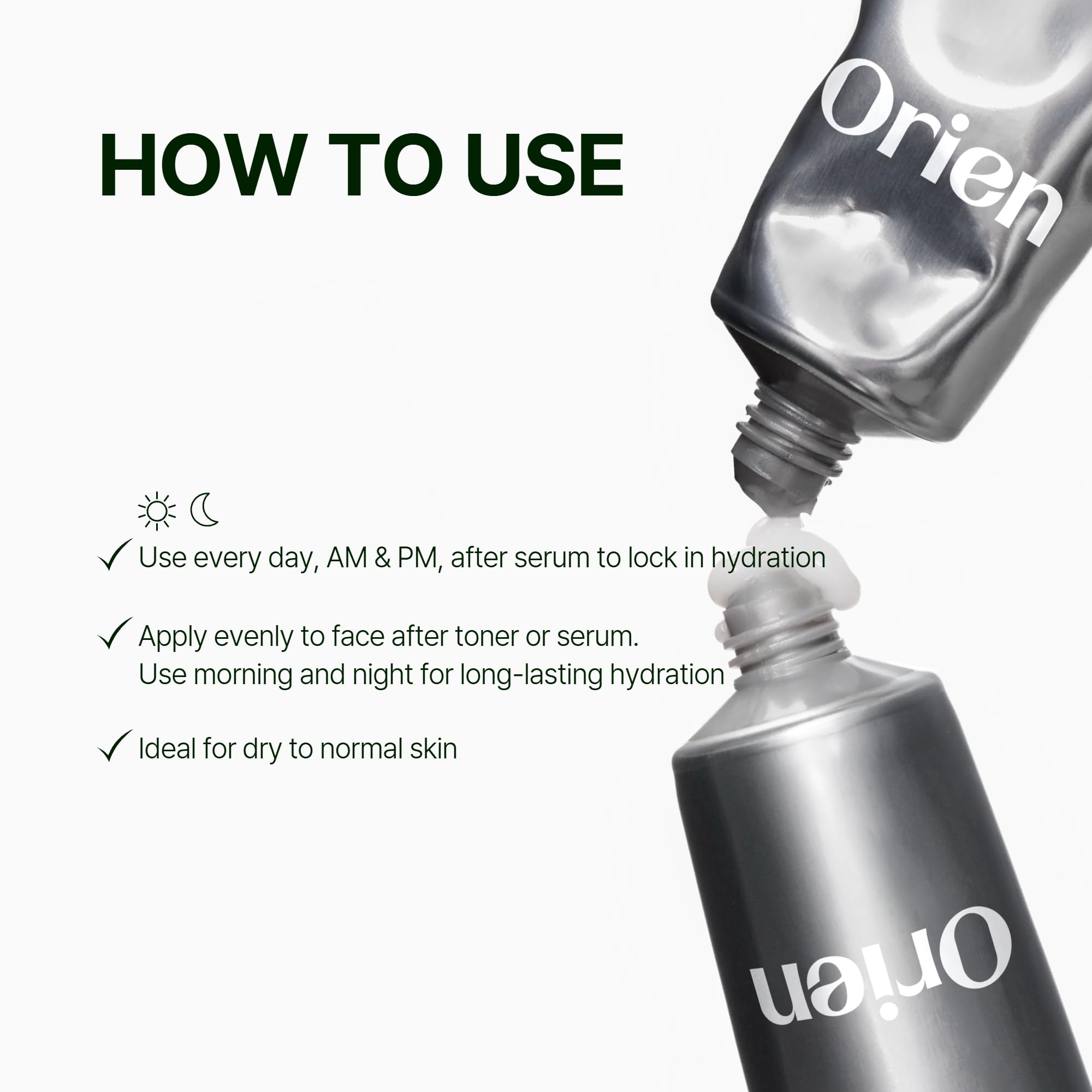 Orien moisturizer applied to skin showing fast absorption benefit