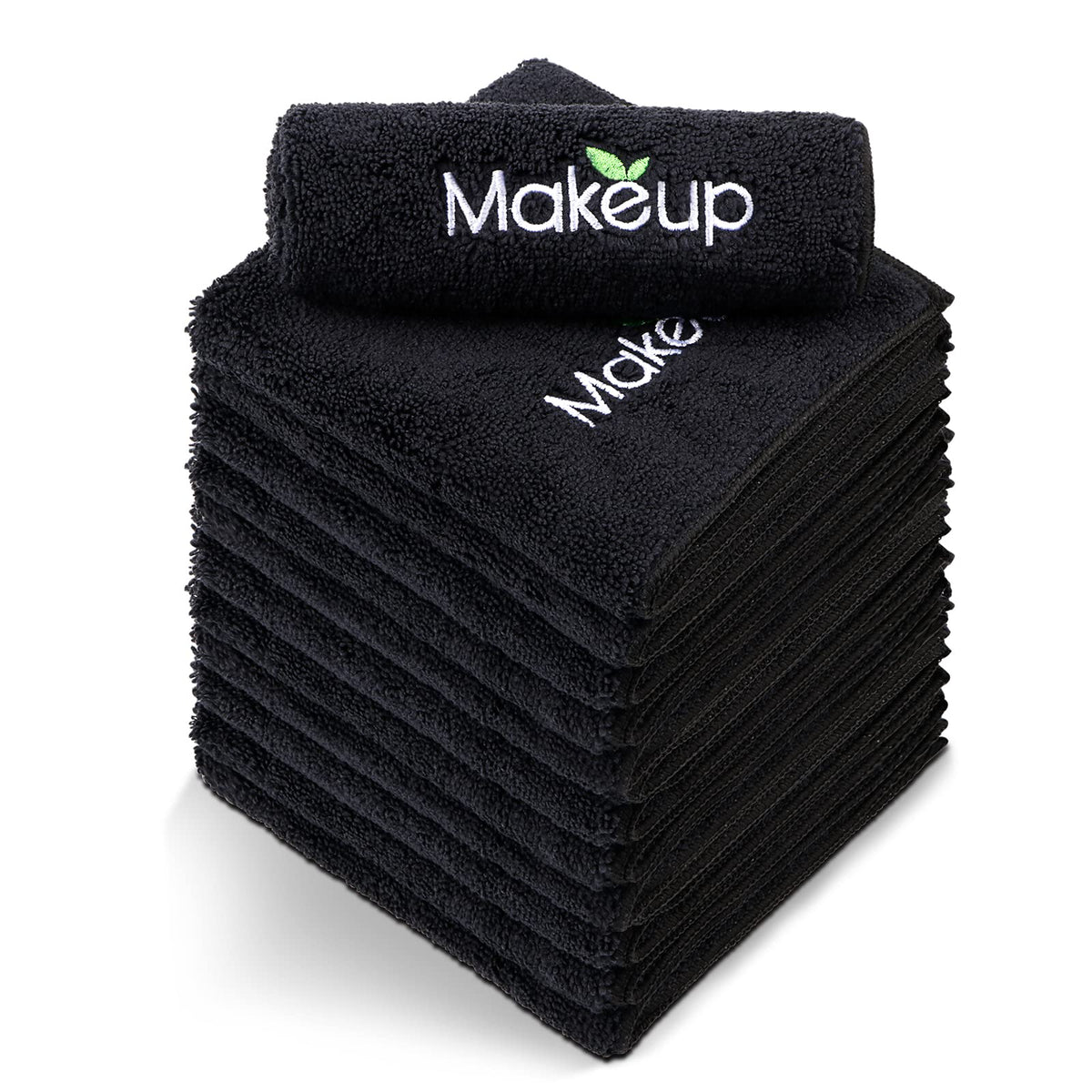 Orighty front view of 12-pack black towels showing compact packaging and value