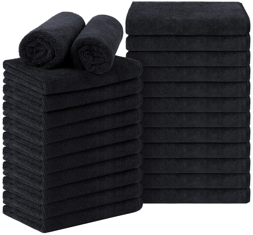 Orighty front view of 24-pack black salon towels, professional supply benefit