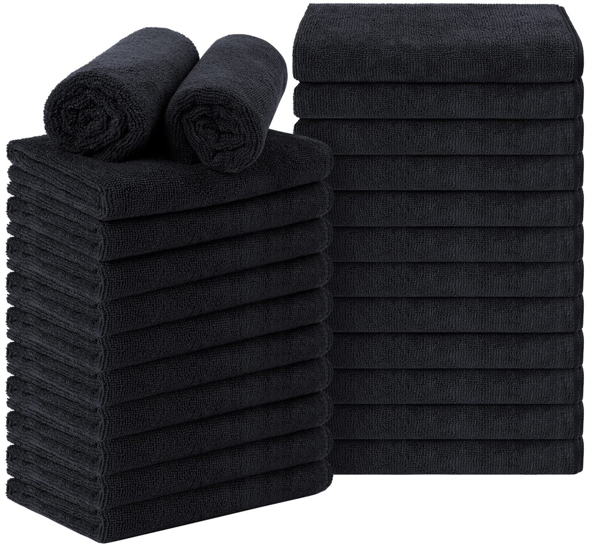 Orighty front view of 24-pack black salon towels, professional supply benefit