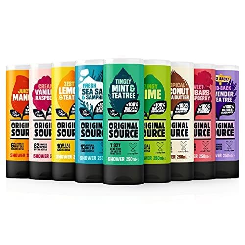 ORIGINAL SOURCE bottle on bathroom shelf demonstrating compact travel-friendly size