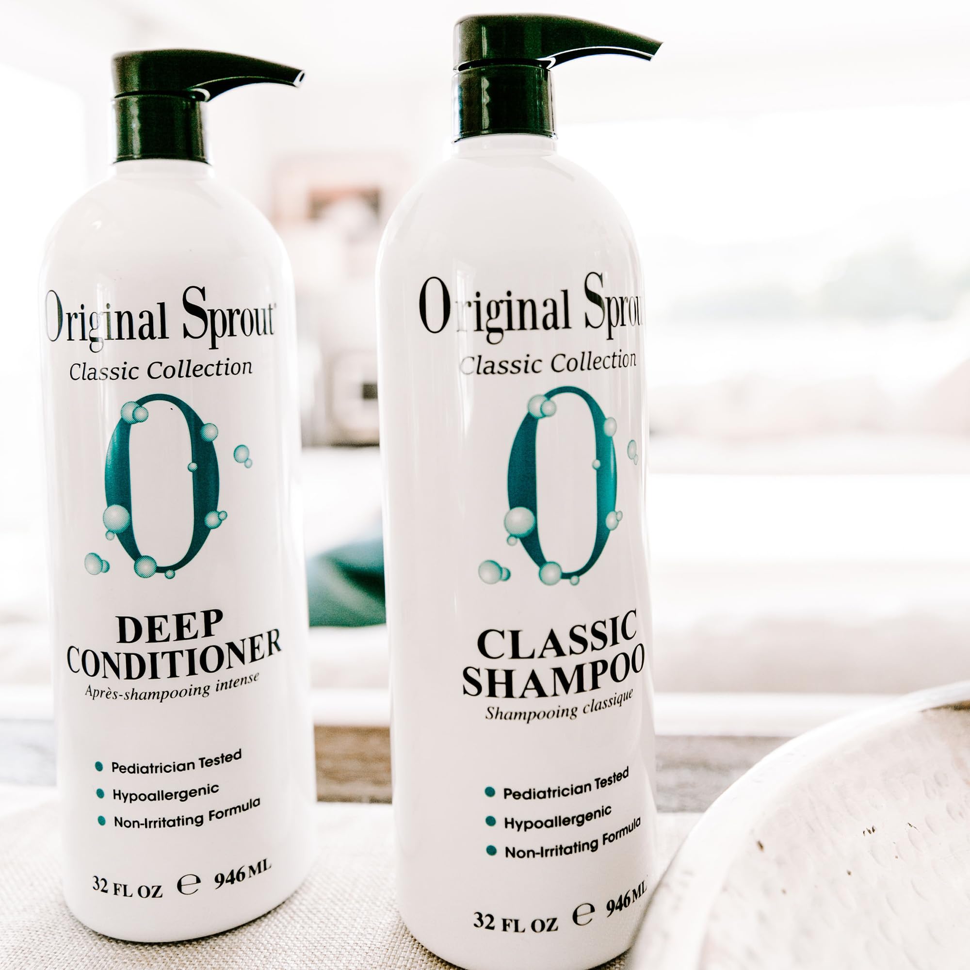 Original Sprout pump dispensing shampoo showing easy family use benefit