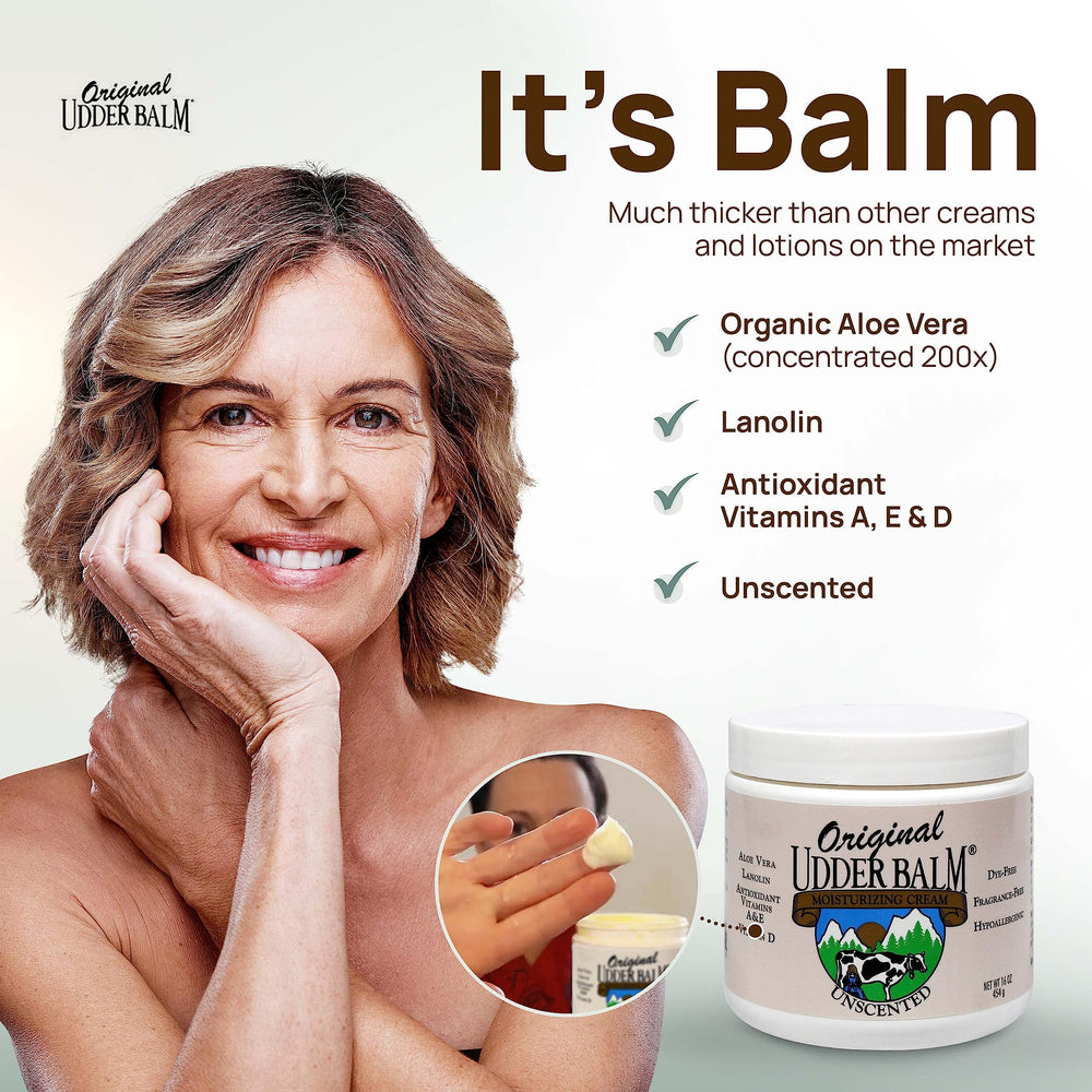 Original Udder Balm size compared to hand illustrating portable treatment benefit