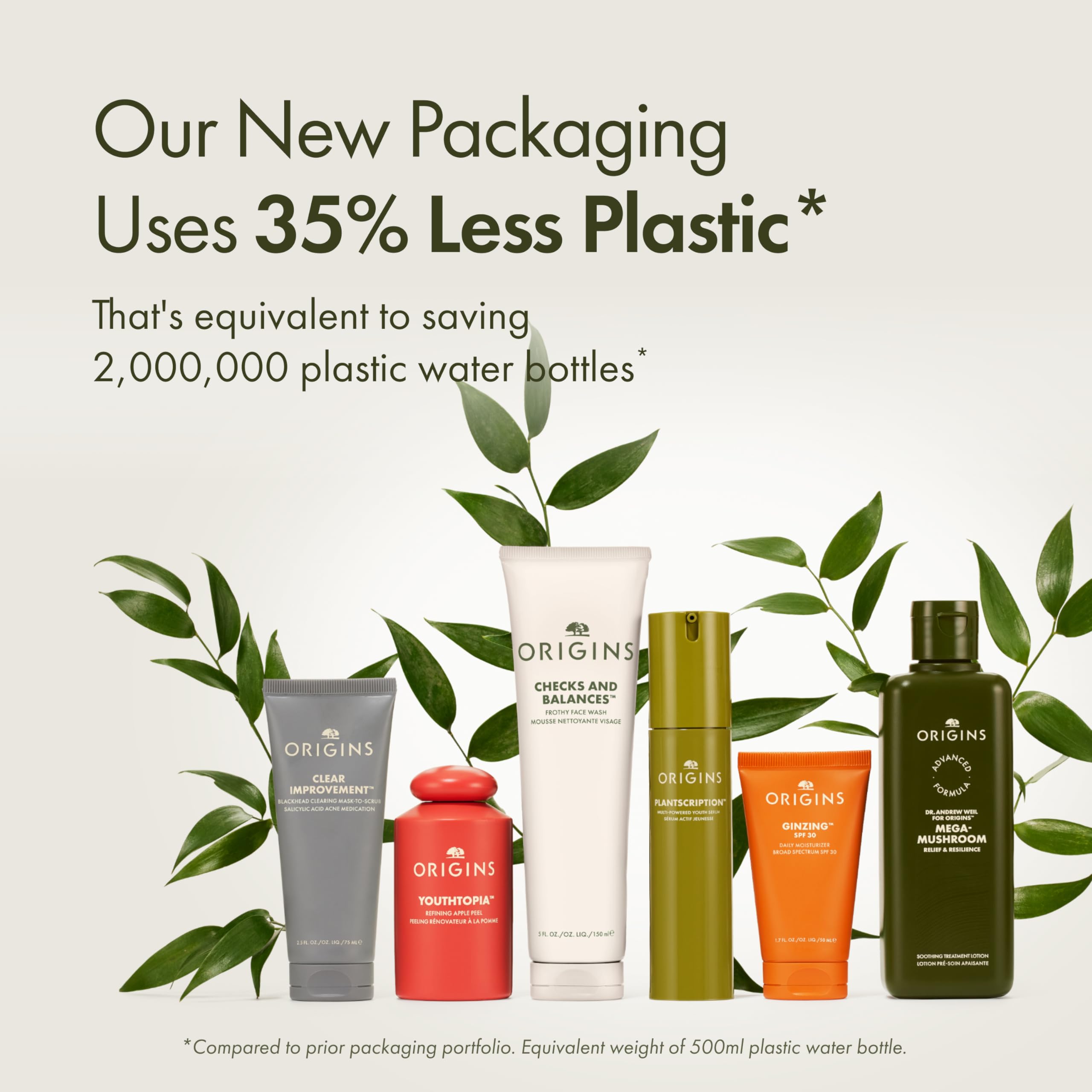 Origins recyclable packaging close-up highlighting conscious packaging benefit
