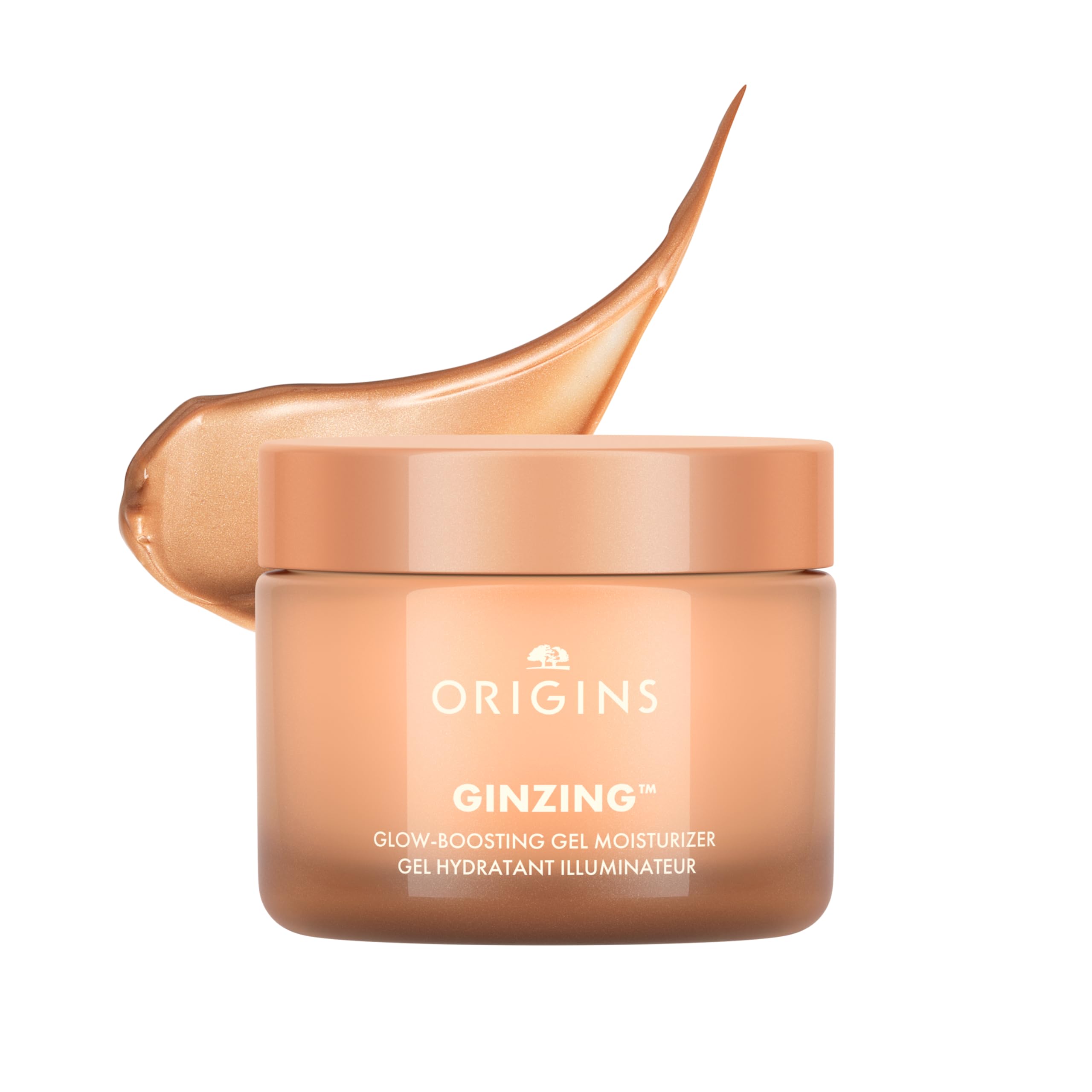 Origins GinZing front jar showing Bronze Glow label and compact size benefit