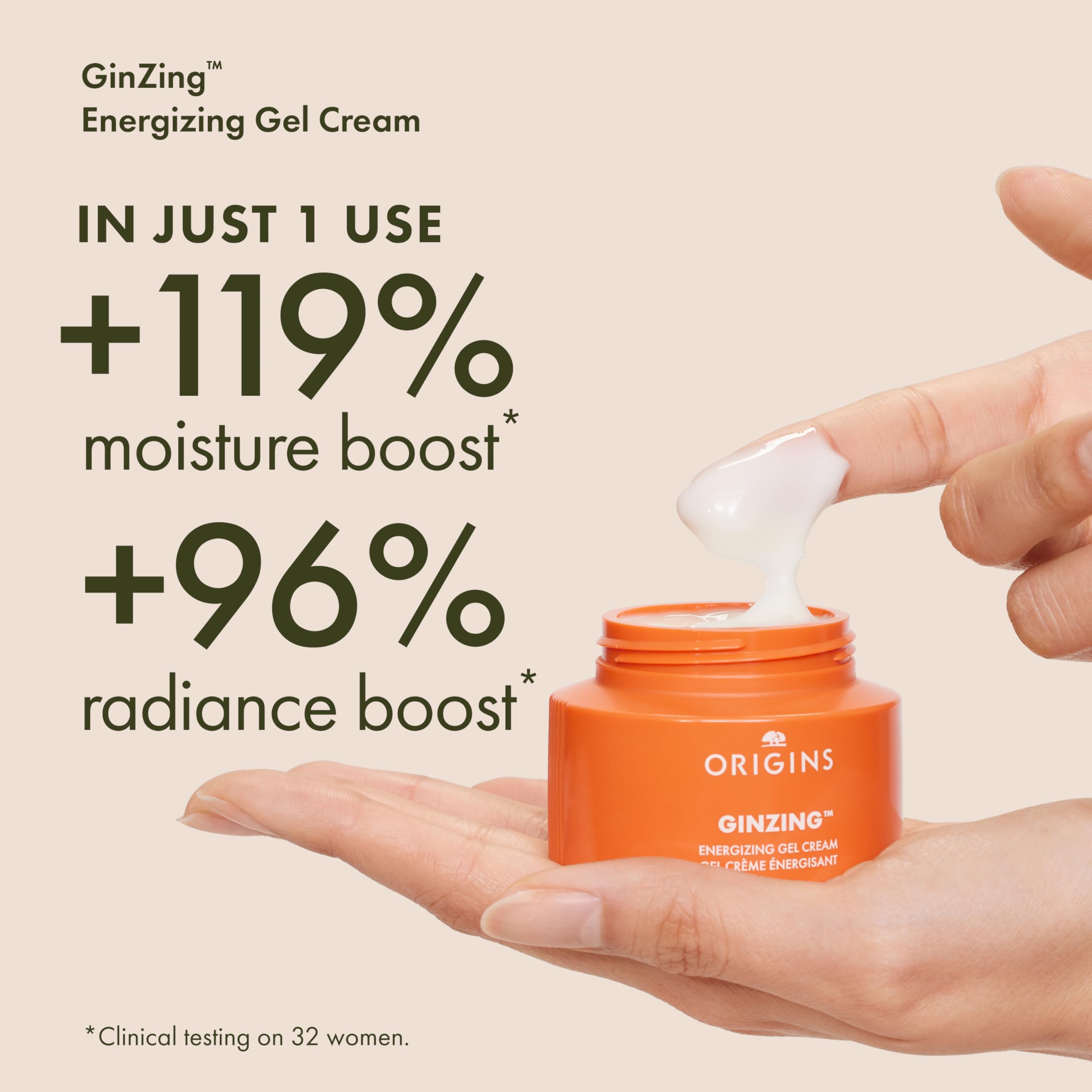 Origins Ginzing energizing gel cream swipe showing lightweight 72-hour hydration