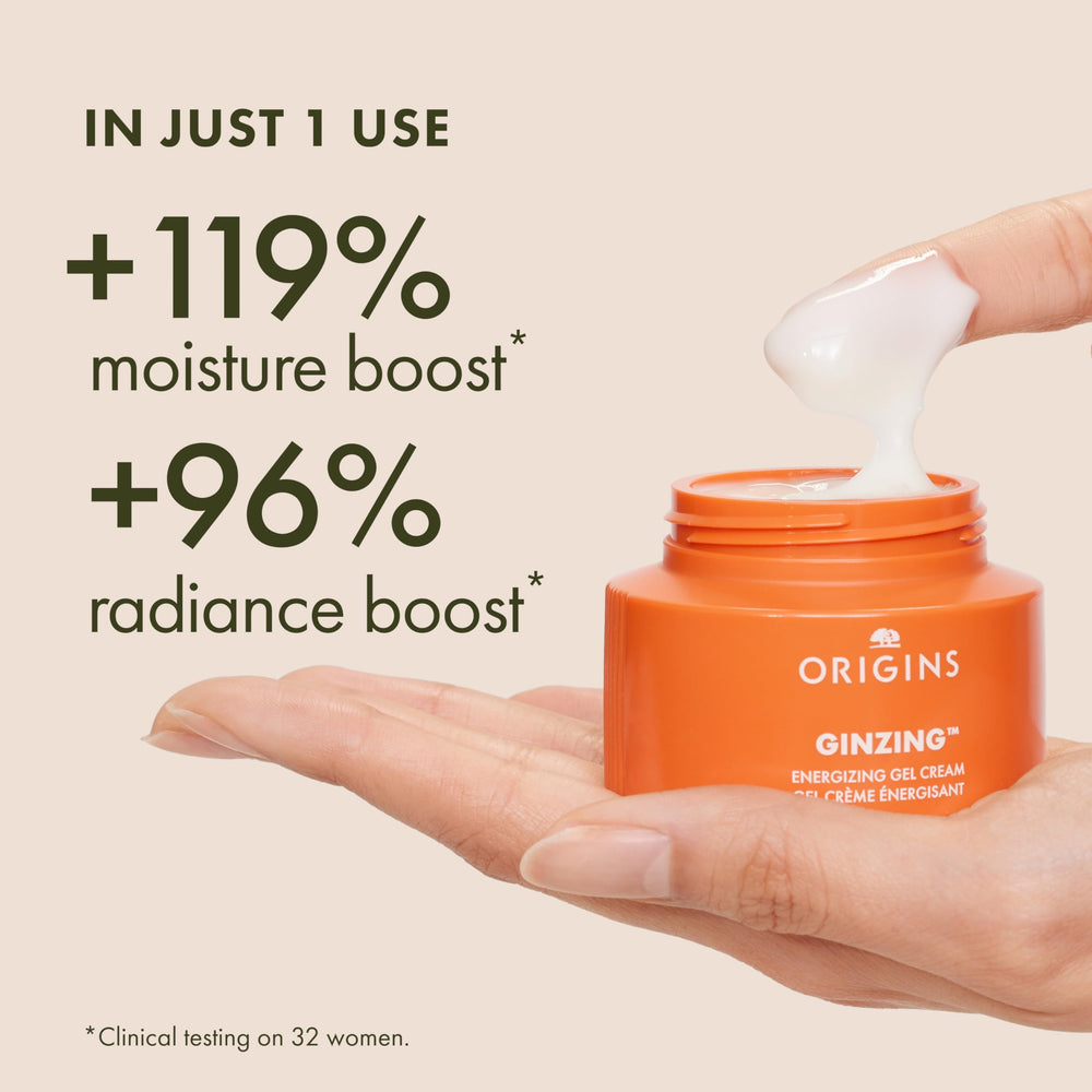 Origins GinZing Vitamin C ingredient display, brightens and revitalizes skin