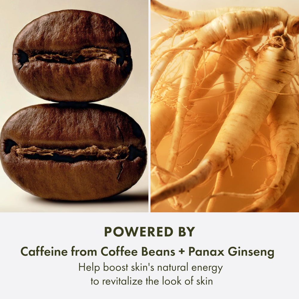 Origins GinZing with coffee beans ingredient shot emphasizing energizing caffeine