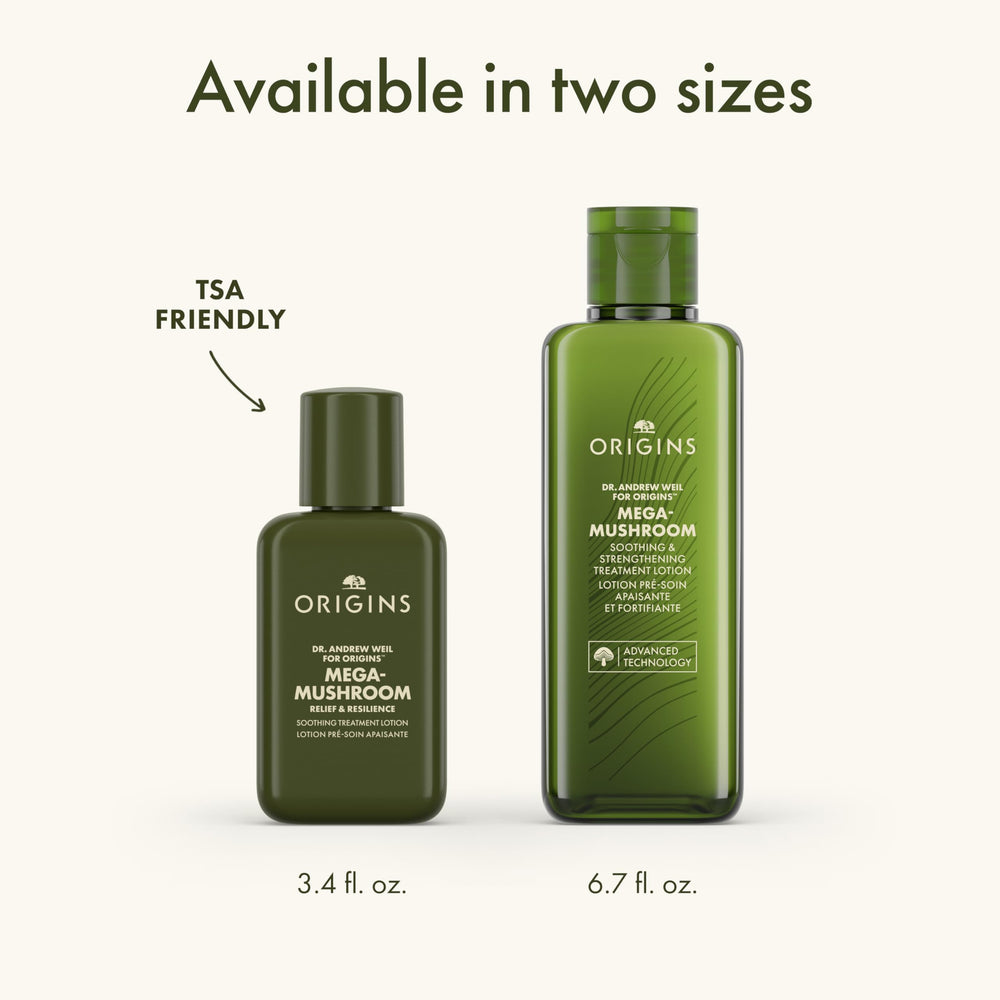 Origins Mega-Mushroom 6.7oz size next to other products showing generous volume benefit