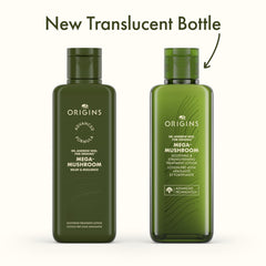 Origins Mega-Mushroom pump and cap detail highlighting easy dispensing benefit
