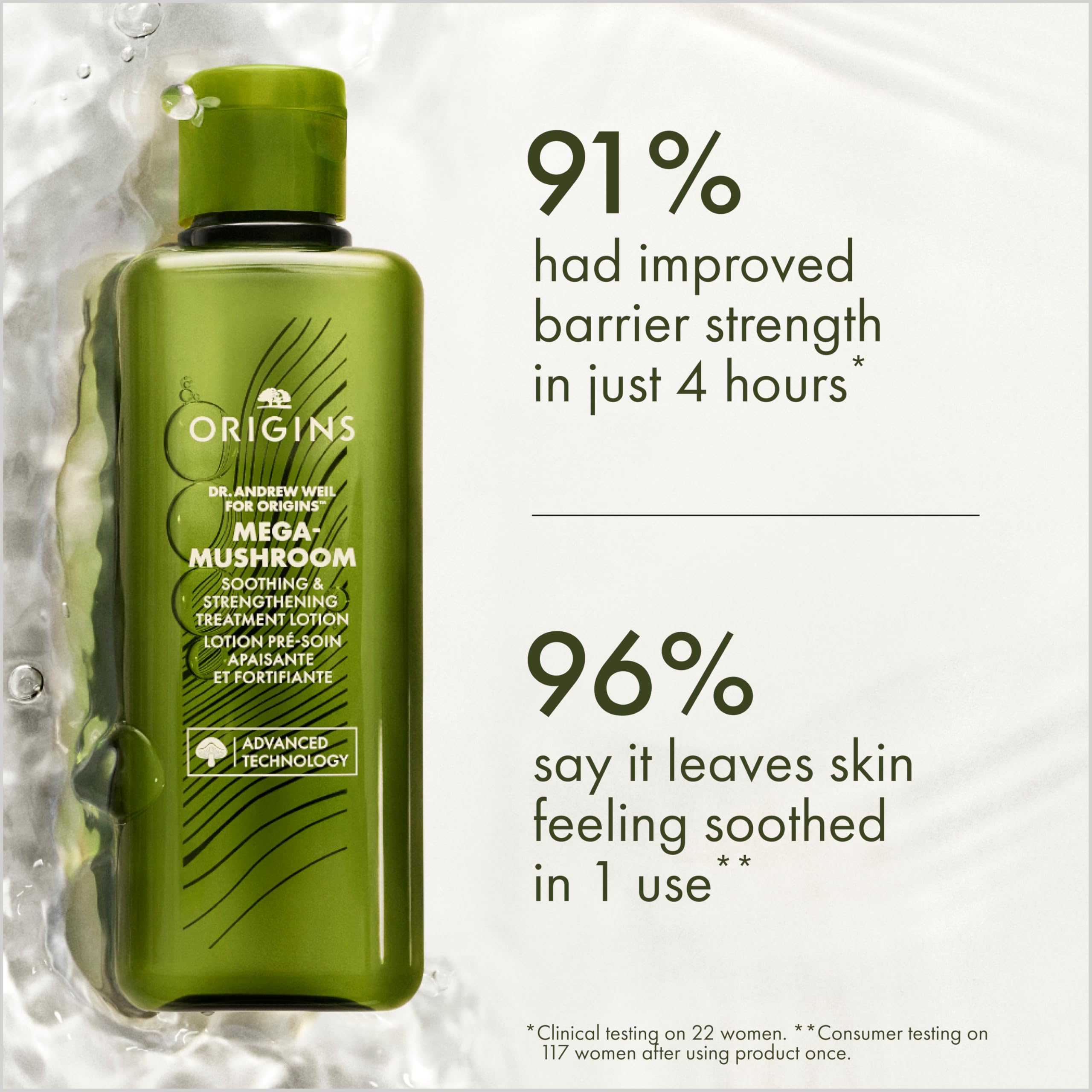 Origins Mega-Mushroom texture close-up revealing light lotion consistency and fast absorption benefit