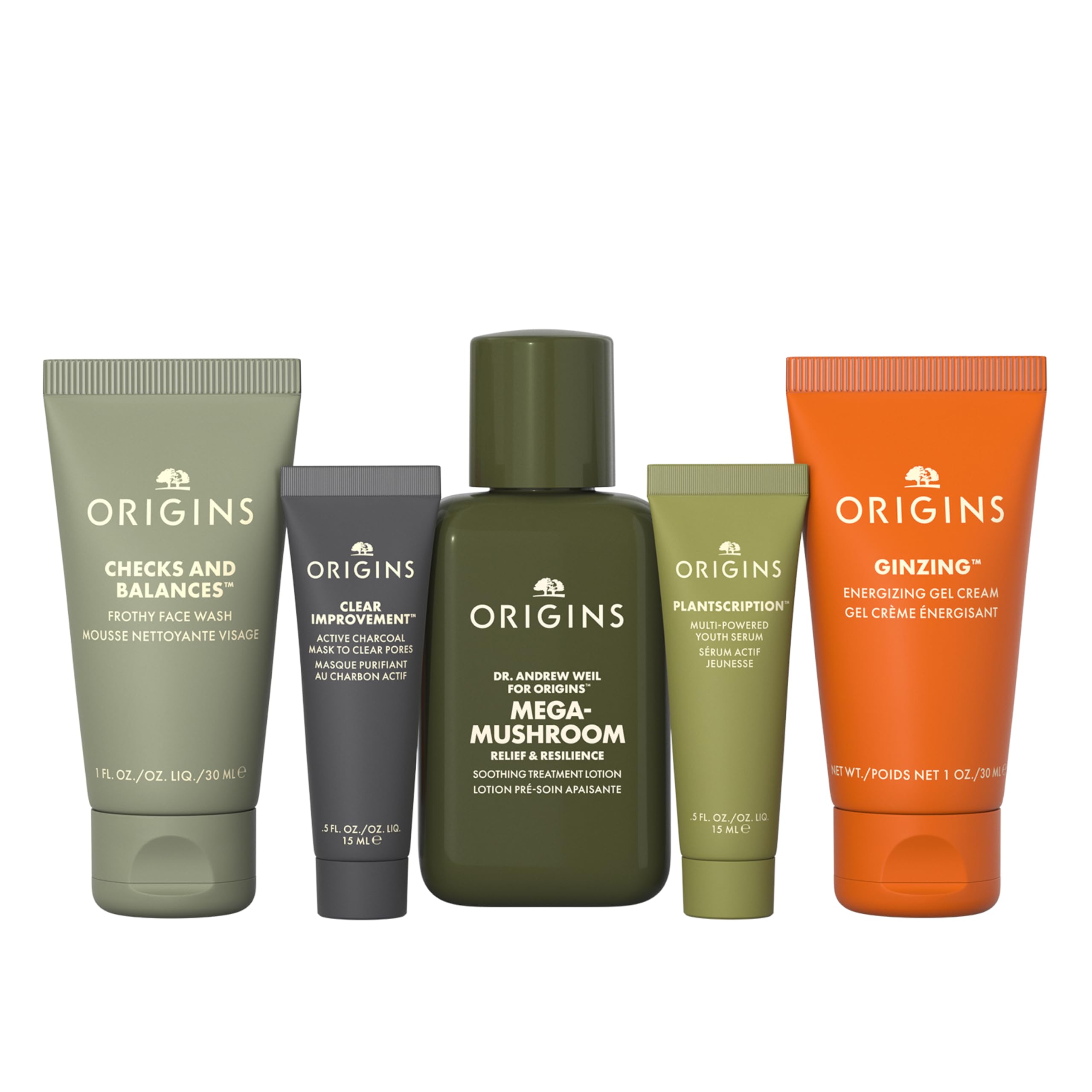 Origins kit opened to display all five travel-size products for easy routine