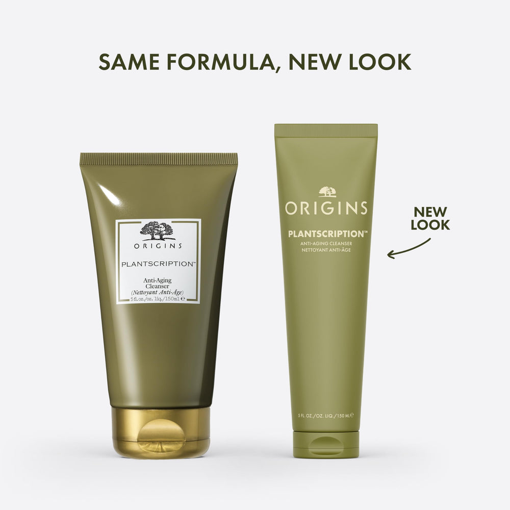 Origins Plantscription pump and label close-up highlighting ingredient callouts and usage