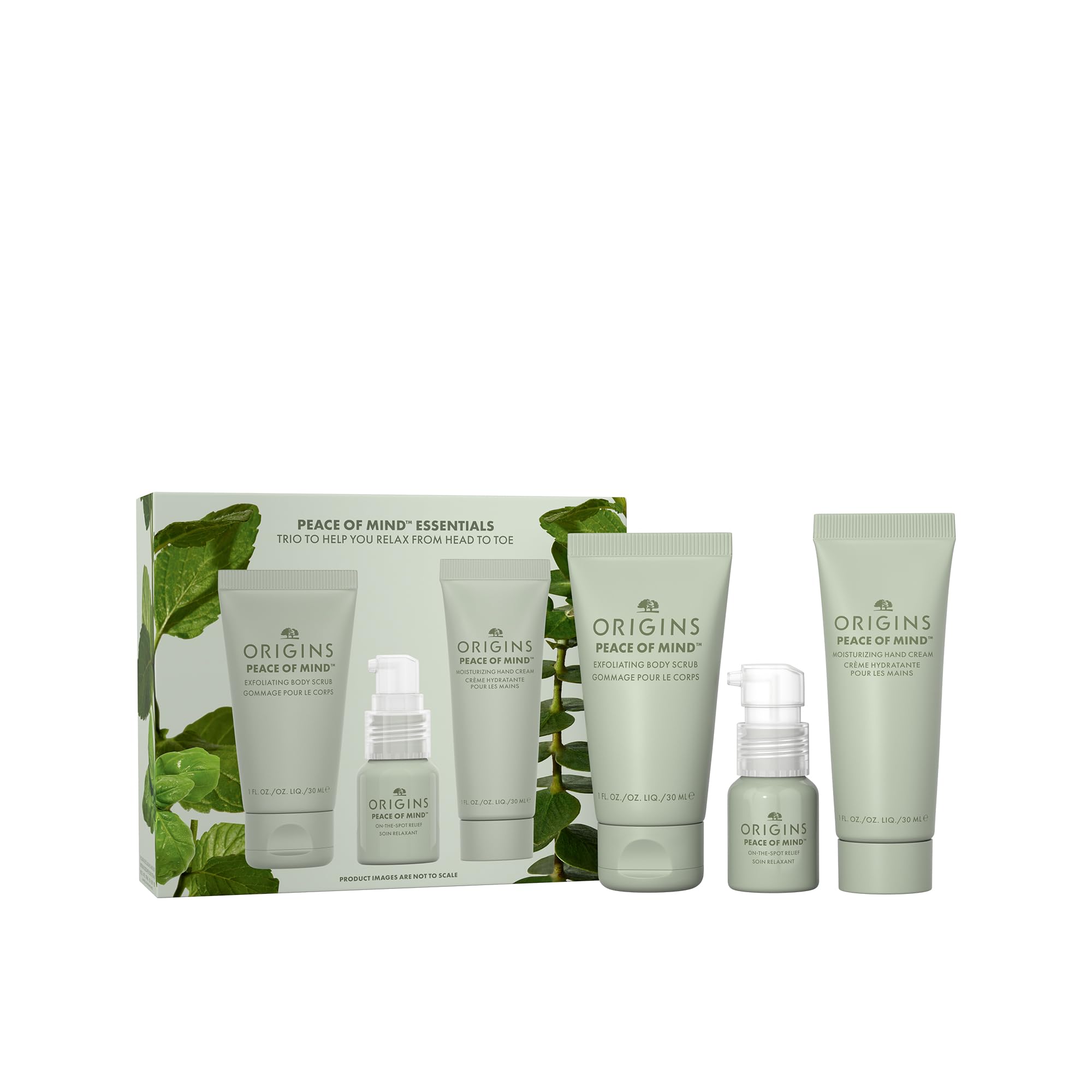 Origins travel set front packaging showing three products and calm benefit