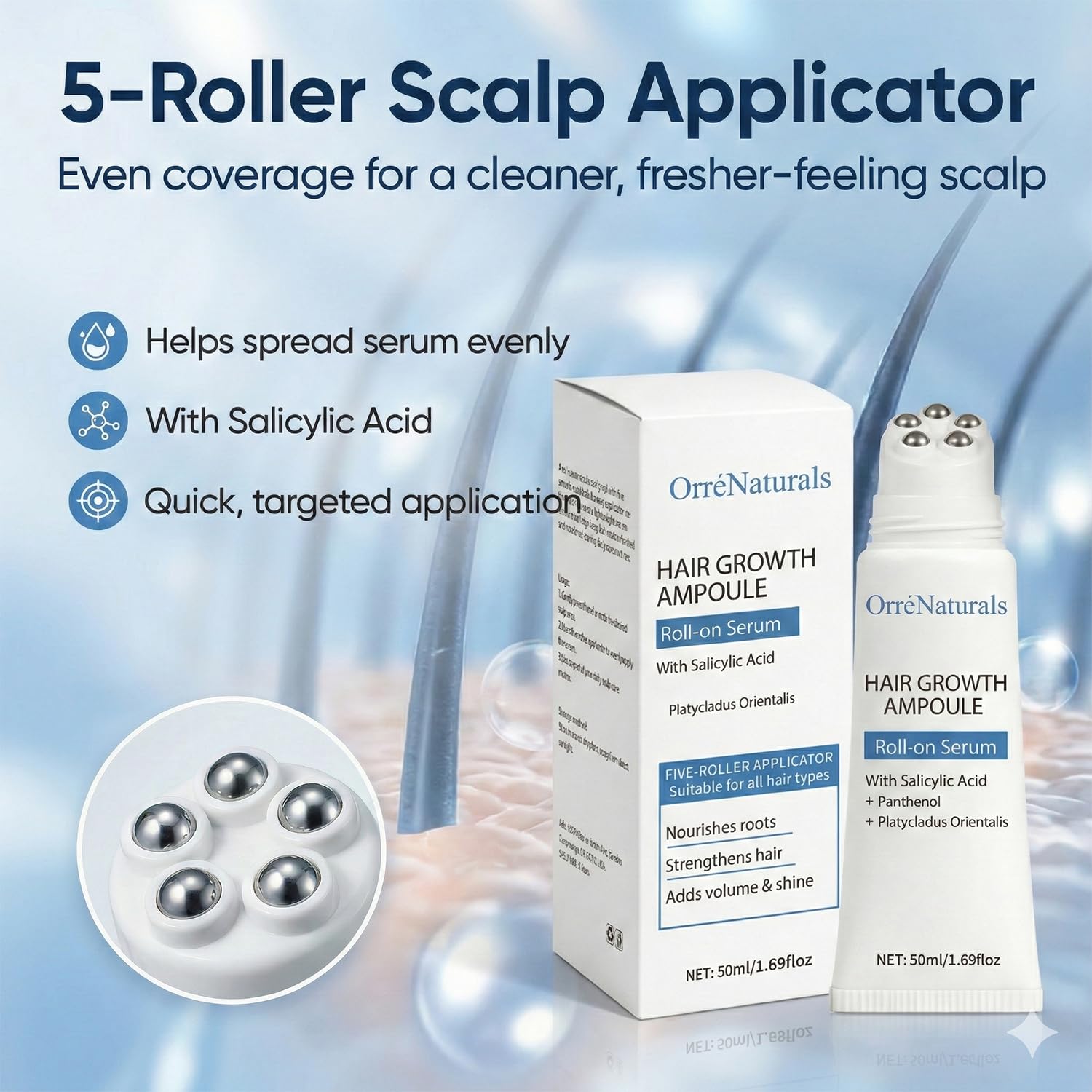 ORRÉNATURALS five-roller applicator close-up for precise application