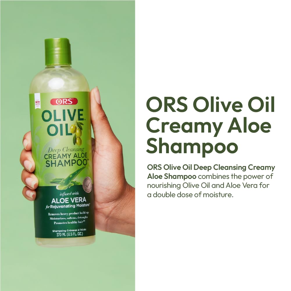 ORS creamy aloe shampoo texture dispensed on palm for slip and moisture