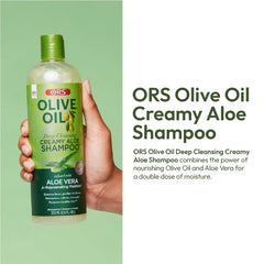 ORS creamy aloe shampoo texture dispensed on palm for slip and moisture