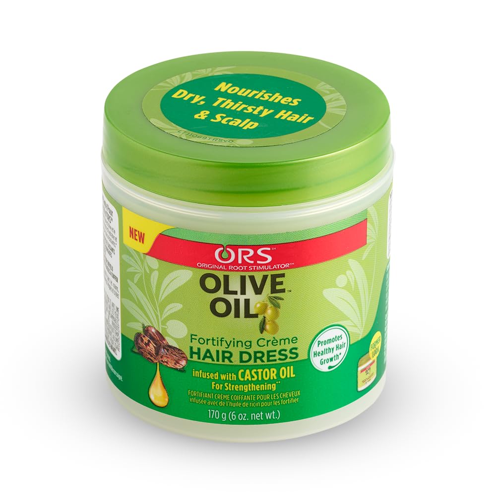 ORS olive oil cream label and ingredients panel highlighting olive and castor oil benefits