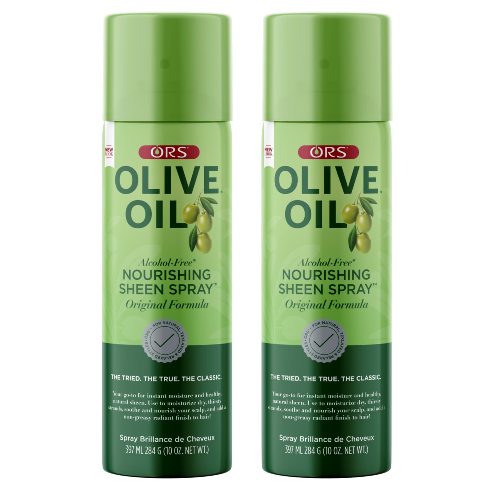 ORS olive oil sheen spray front view showing lightweight shine benefit
