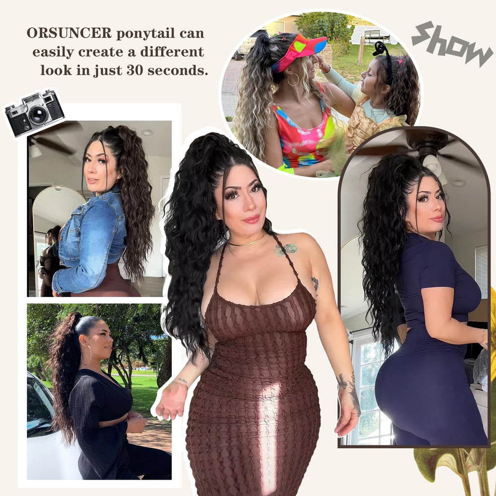 ORSUNCER ponytail beside hand illustrating 22-inch length and lightweight feel