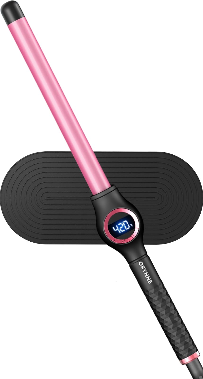 ORYNNE front view of extra-long curling wand showing full barrel for efficient styling
