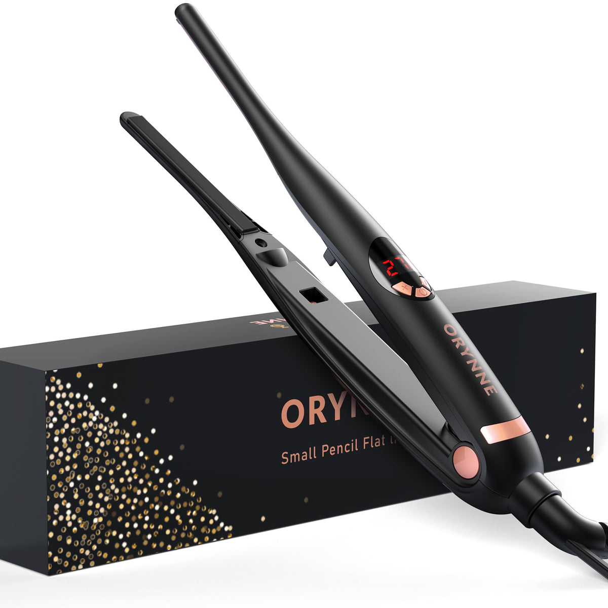 ORYNNE small flat iron front view showing compact design and precise tip for control
