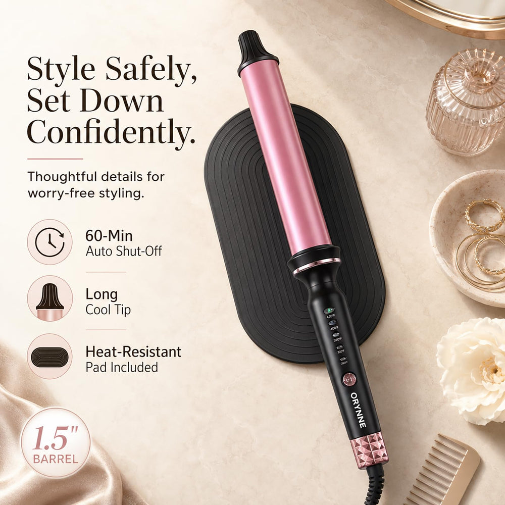 ORYNNE wand length compared to ruler to show large barrel coverage for long hair