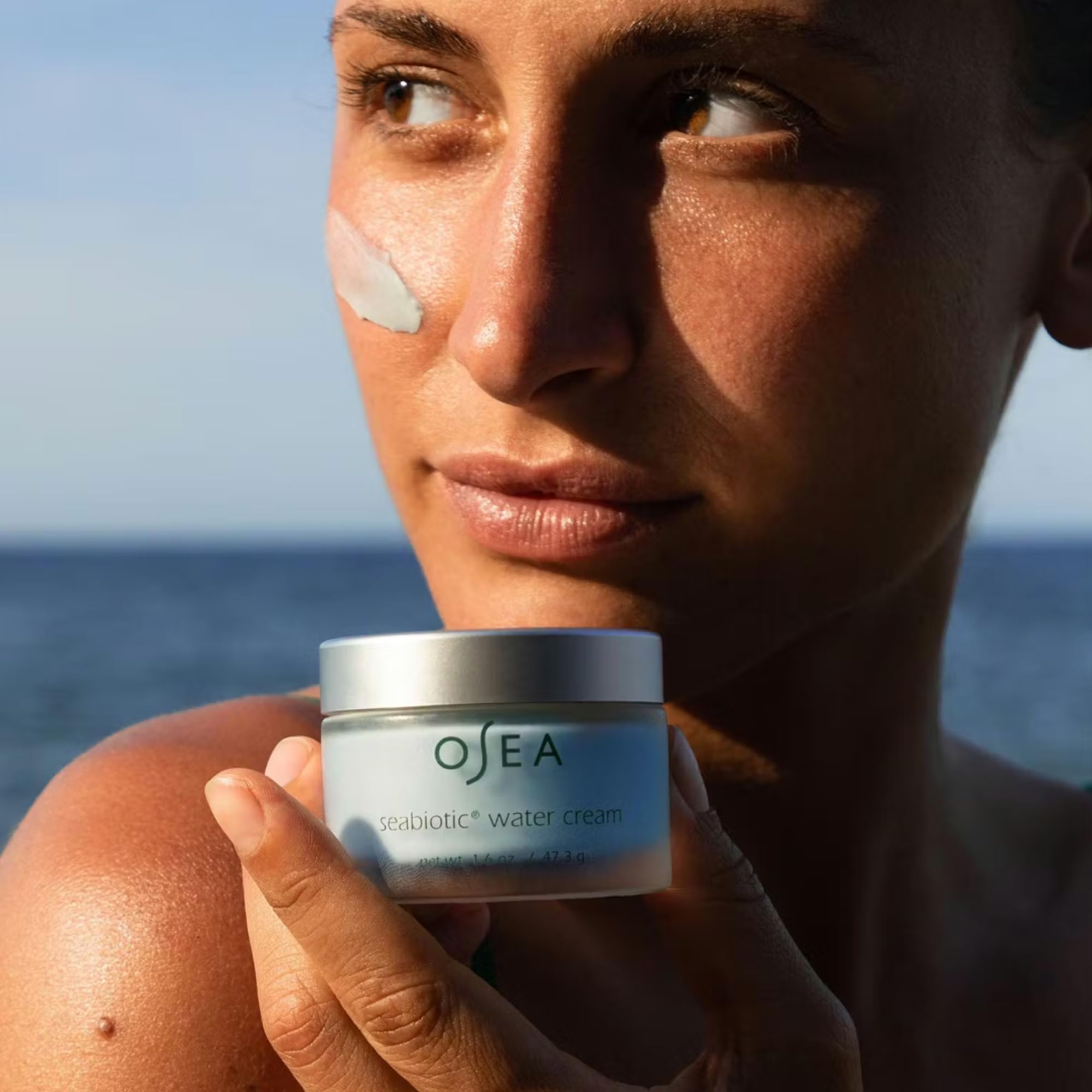 OSEA Seabiotic cream swatch texture showing lightweight hydration benefit