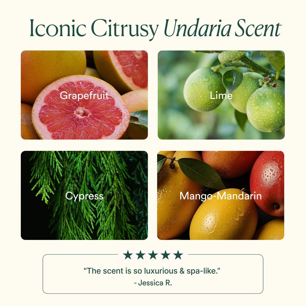 OSEA citrus ingredients flatlay showing grapefruit and lime freshness