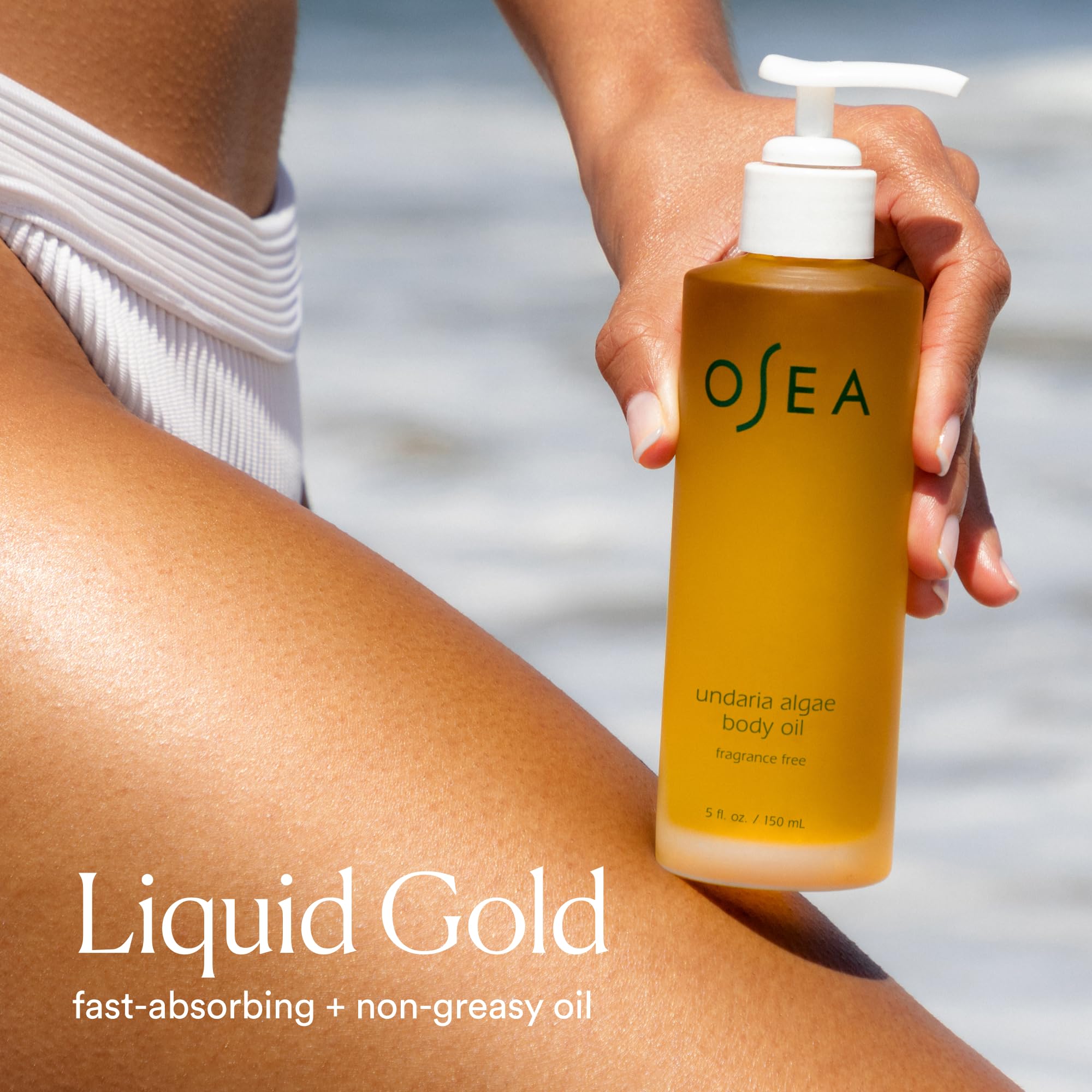 OSEA bottle in hand showing 5oz scale and travel-friendly convenience