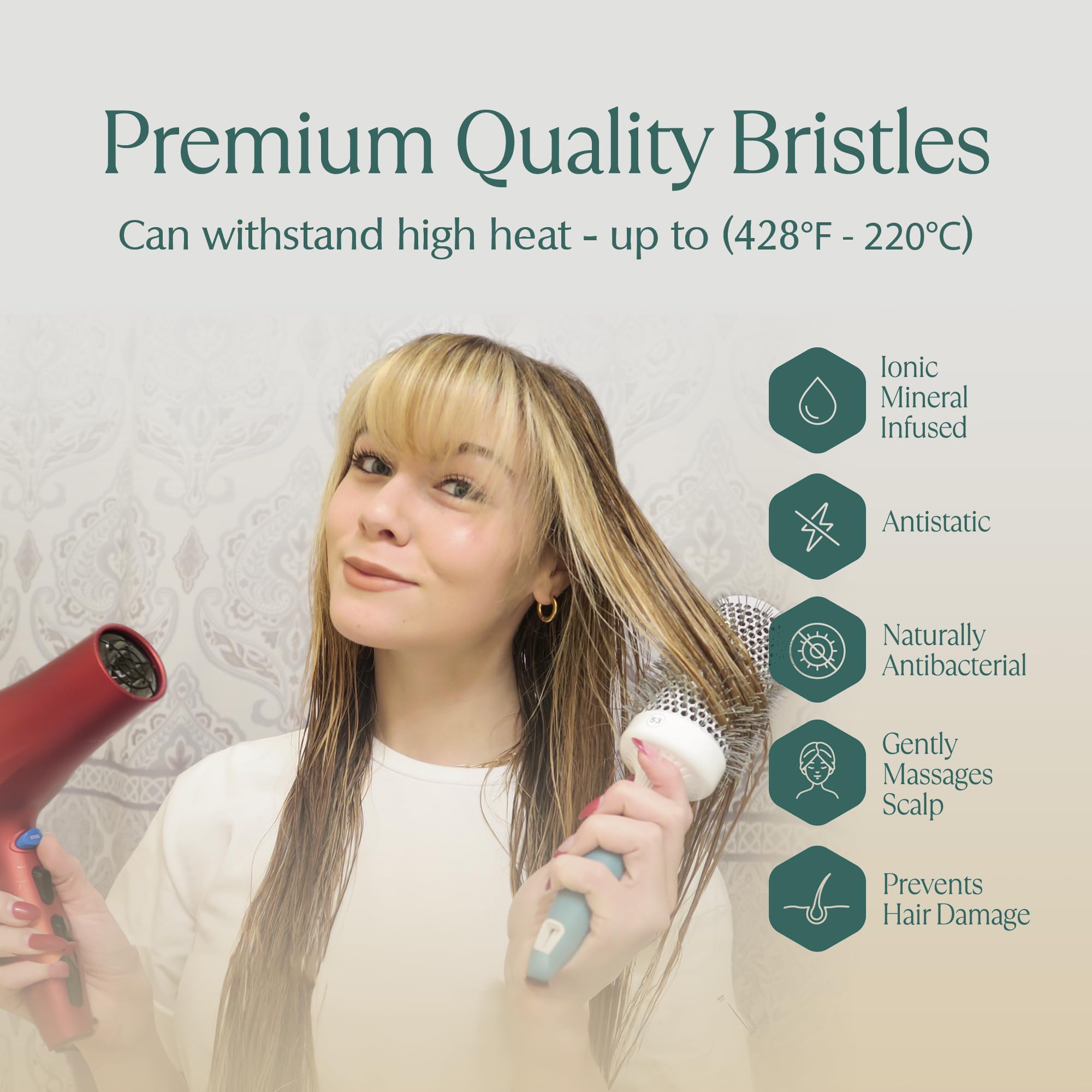 Osensia ionic bristles detail controlling frizz and adding gloss to hair