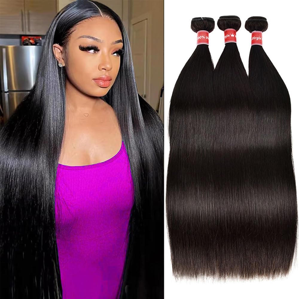 Oshiney front view of three bundled straight hair showing full coverage and natural black