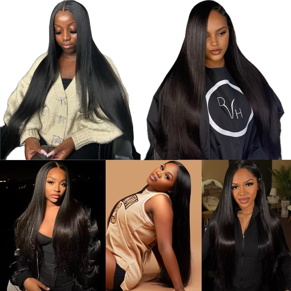 Oshiney model wearing straight bundles showcasing realistic blend and movement