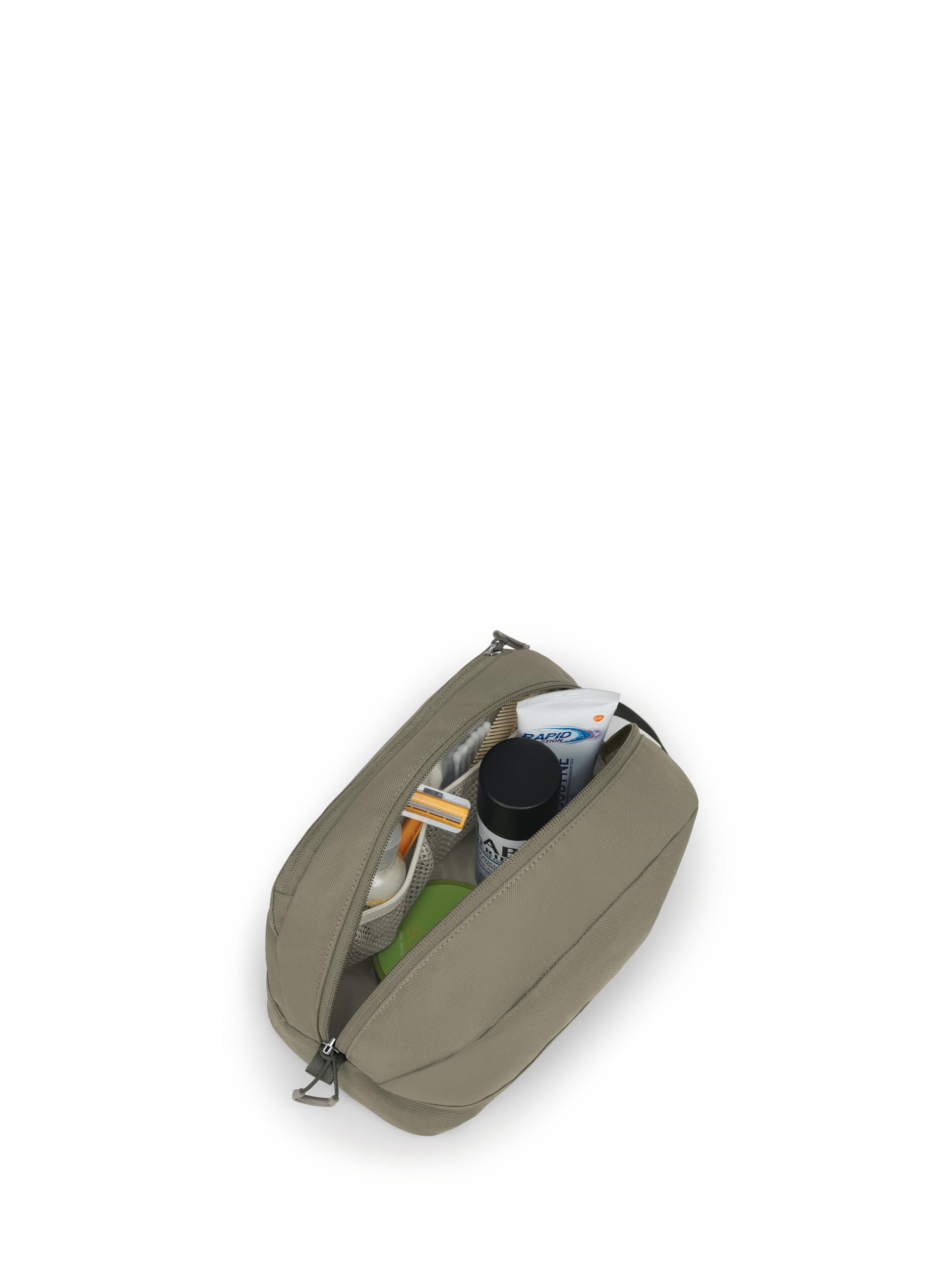Osprey Daylite toiletry kit tan next to travel bottles showing size and capacity