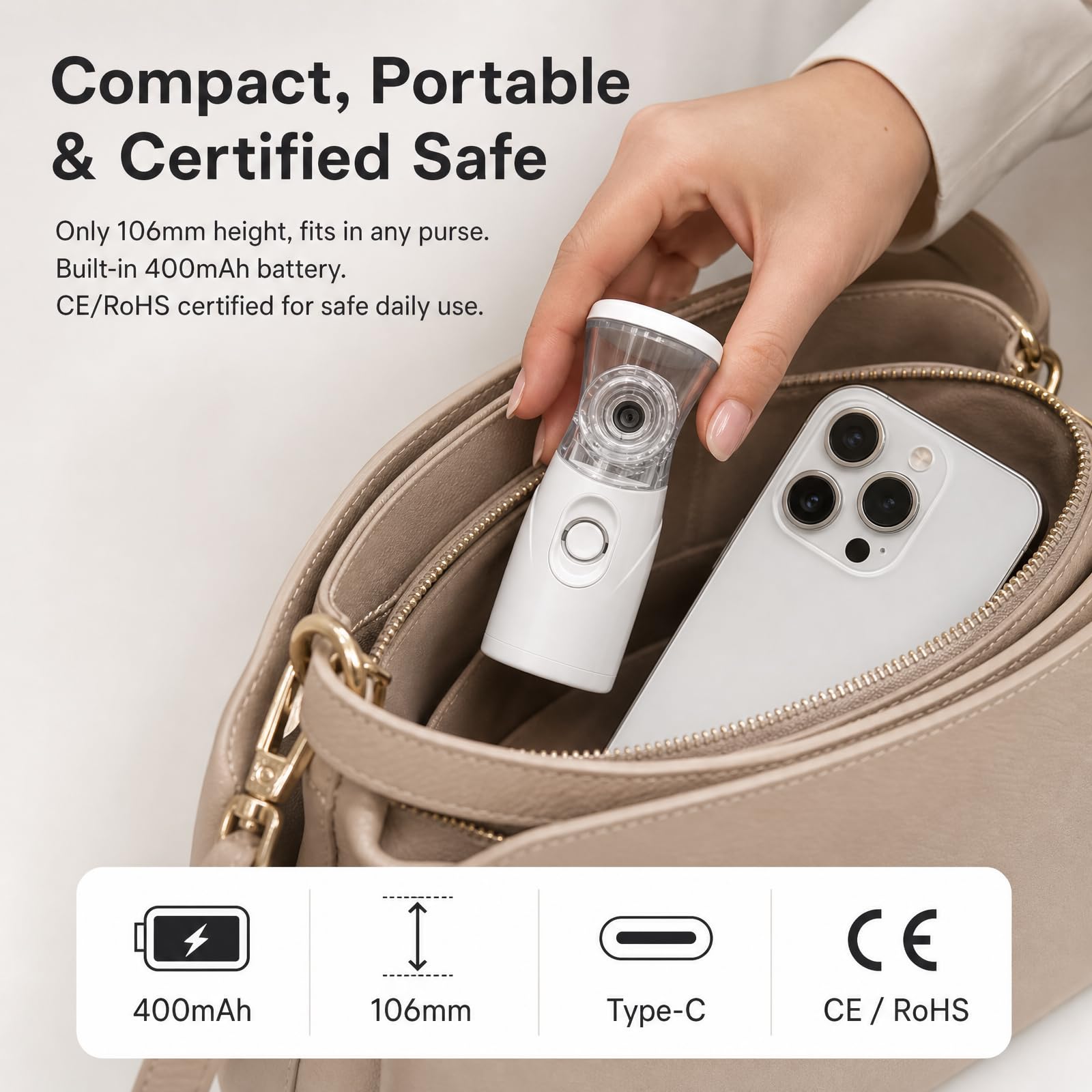 OTBK packed in a travel pouch showing rechargeable portability for flights and commute