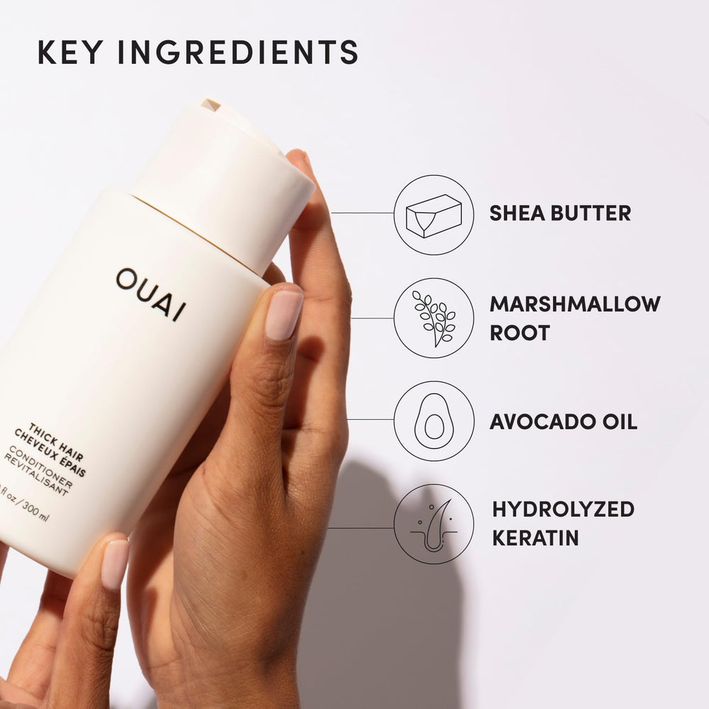 OUAI 32 oz conditioner next to a hand showing scale and value per purchase