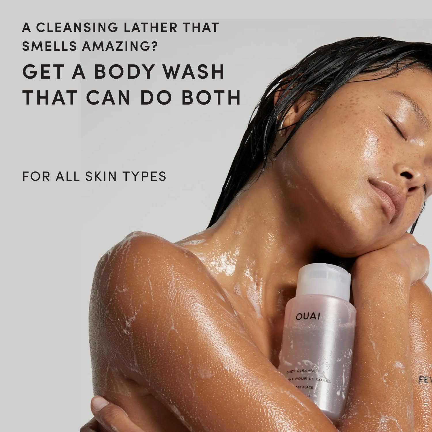 OUAI pump action dispensing foaming wash, makes shower routines easier