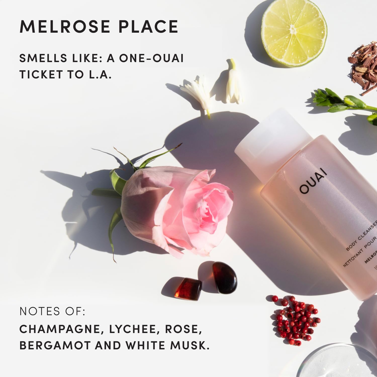 OUAI body wash in shower lifestyle shot, creates relaxing spa-like atmosphere