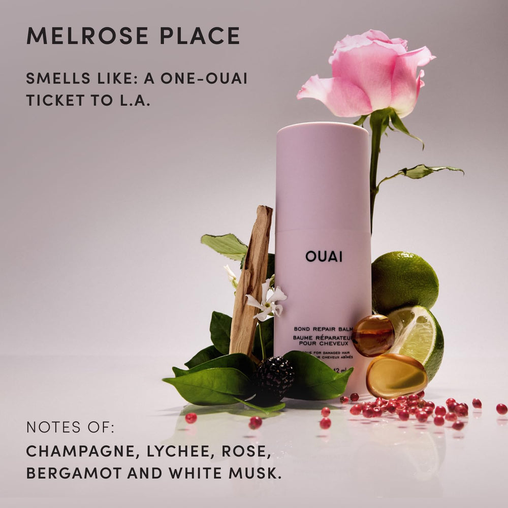 OUAI Bond Repair Balm label close-up highlighting active peptides and ingredients