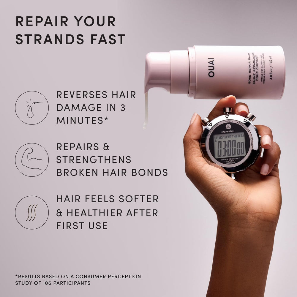 OUAI Bond Repair Balm open cap with pump dispensing product for easy use