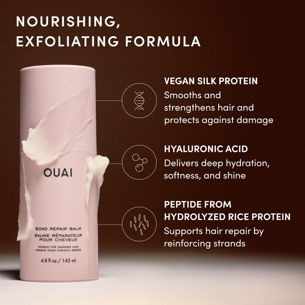 OUAI Bond Repair Balm next to common travel items showing 1.7 oz scale portability