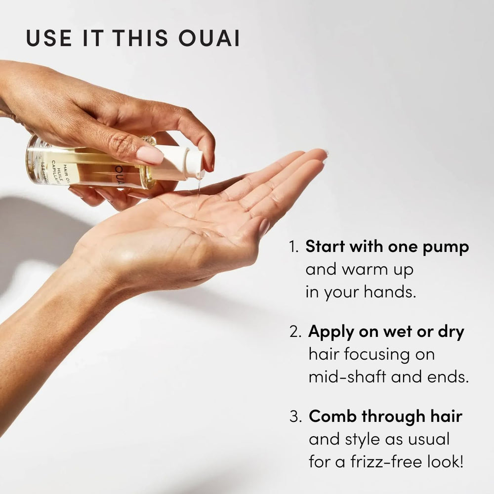 OUAI bottle label detail highlighting clean formula and ingredient callouts