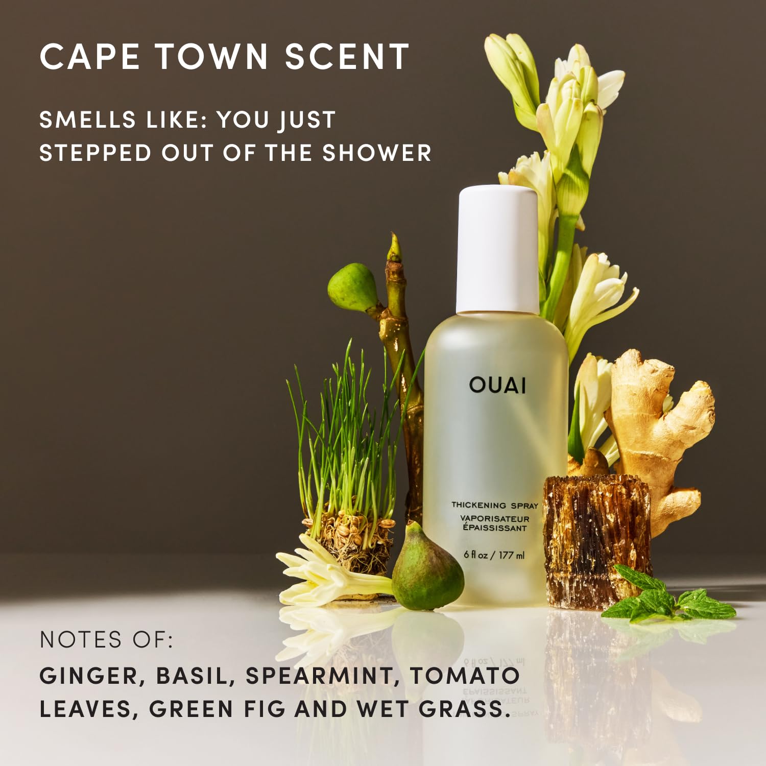 OUAI bottle on bathroom shelf conveying daily styling convenience