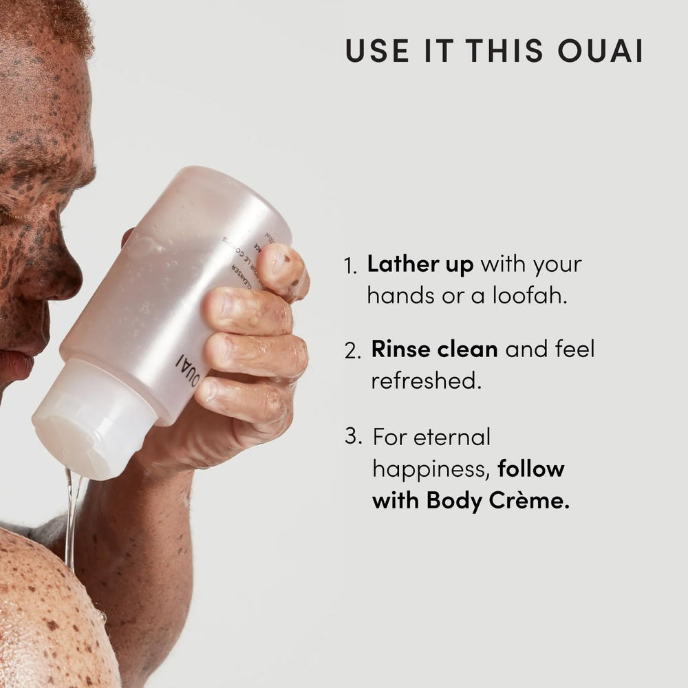 OUAI bottle on bathroom vanity, complements modern grooming spaces